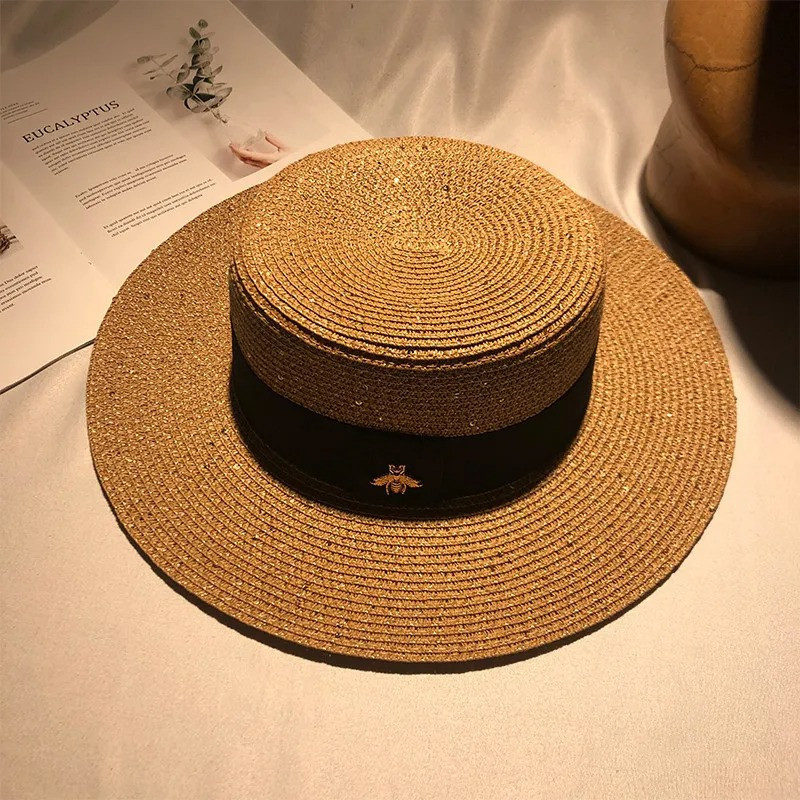 Chapeau de paille rétro tressé pour femme avec petite abeille Couleur Marron