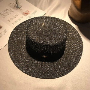 Chapeau de paille rétro tressé pour femme avec petite abeille Couleur Noir