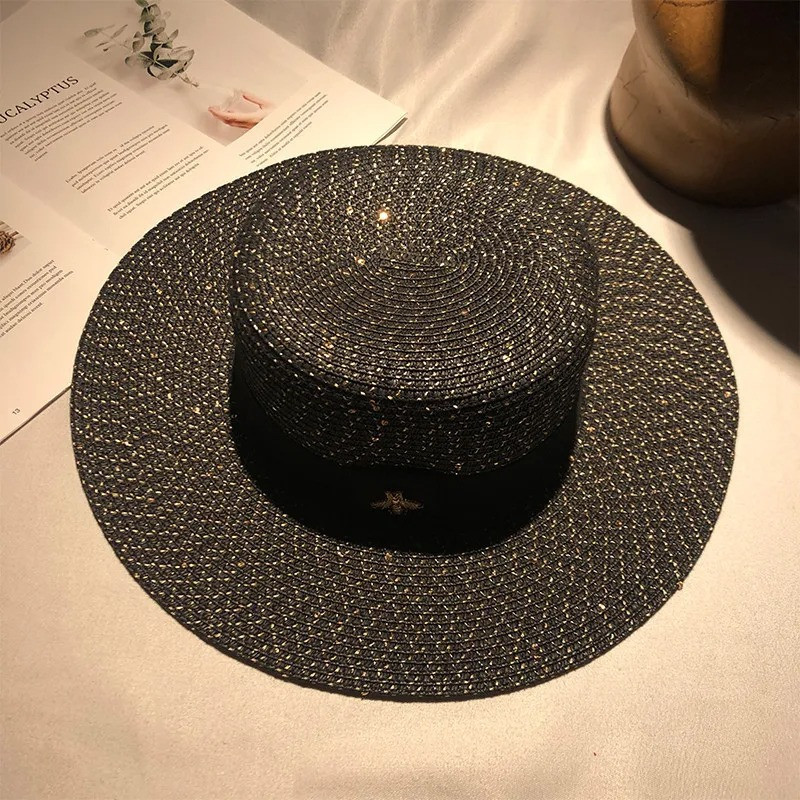 Chapeau de paille rétro tressé pour femme avec petite abeille Couleur Noir
