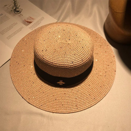 Chapeau de paille rétro tressé pour femme avec petite abeille Couleur Rose