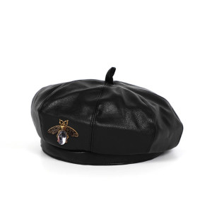 Béret en cuir Vintage pour femmes avec broche abeille Couleur Noir