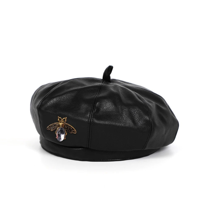Béret en cuir Vintage pour femmes avec broche abeille Couleur Noir