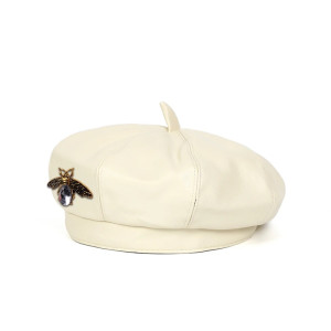 Béret en cuir Vintage pour femmes avec broche abeille Couleur Blanc