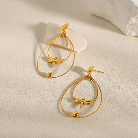 Détails des Boucles d'oreilles Libéllule Design Créateur en acier inoxydable plaqué or 18 Carats