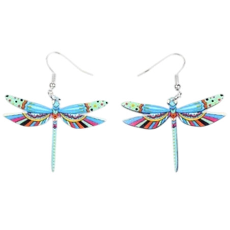 Boucles d'oreilles Pendantes Libéllule Multicolore en Acrylique couleur Bleu Ciel
