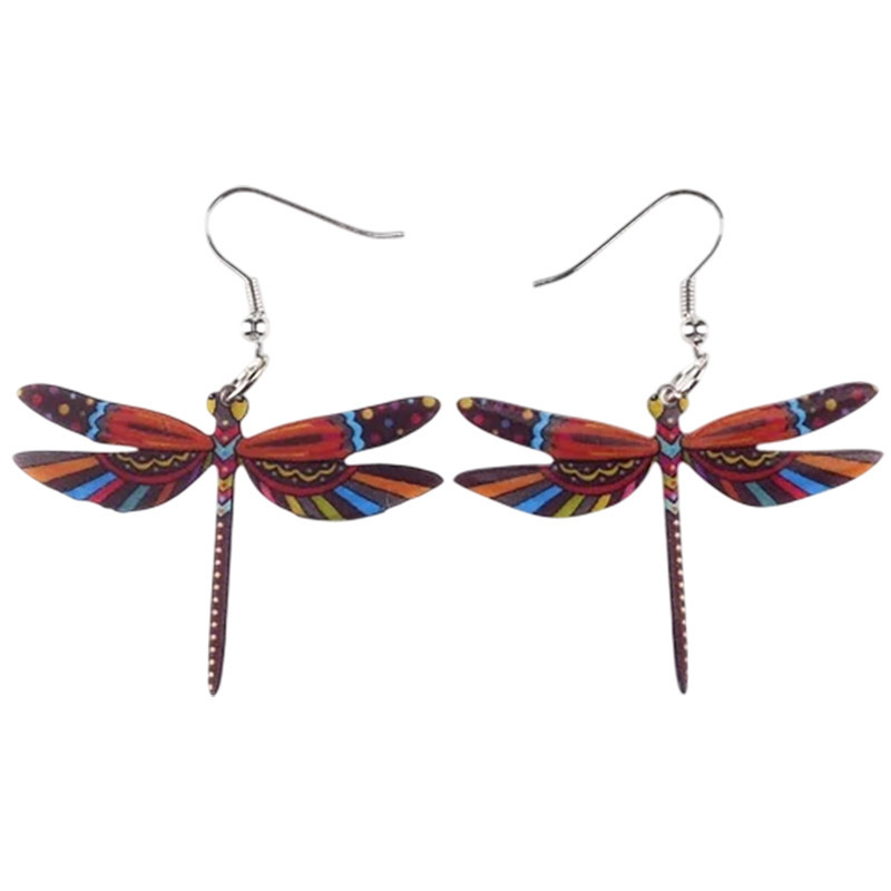Boucles d'oreilles Pendantes Libéllule Multicolore en Acrylique couleur Marron