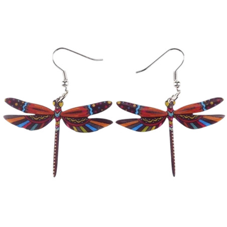Boucles d'oreilles Pendantes Libéllule Multicolore en Acrylique couleur Marron