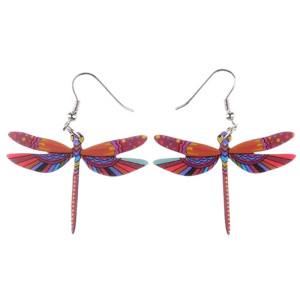 Boucles d'oreilles Pendantes Libéllule Multicolore en Acrylique couleur Rouge