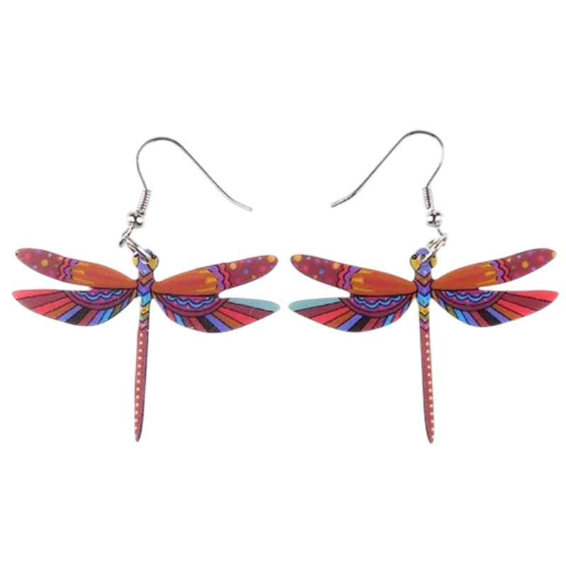 Boucles d'oreilles Pendantes Libéllule Multicolore en Acrylique couleur Rouge