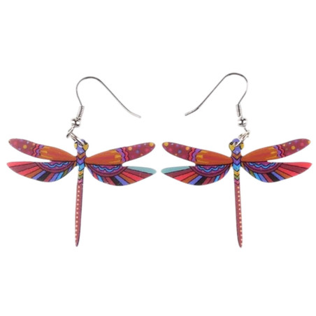Boucles d'oreilles Pendantes Libéllule Multicolore en Acrylique couleur Rouge