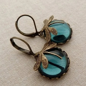 Boucles d'oreilles pendantes Libéllule en Bronze couleur Bleu