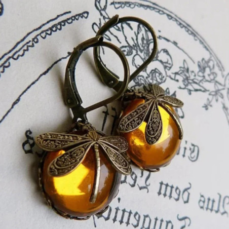 Boucles d'oreilles pendantes Libéllule en Bronze couleur Jaune