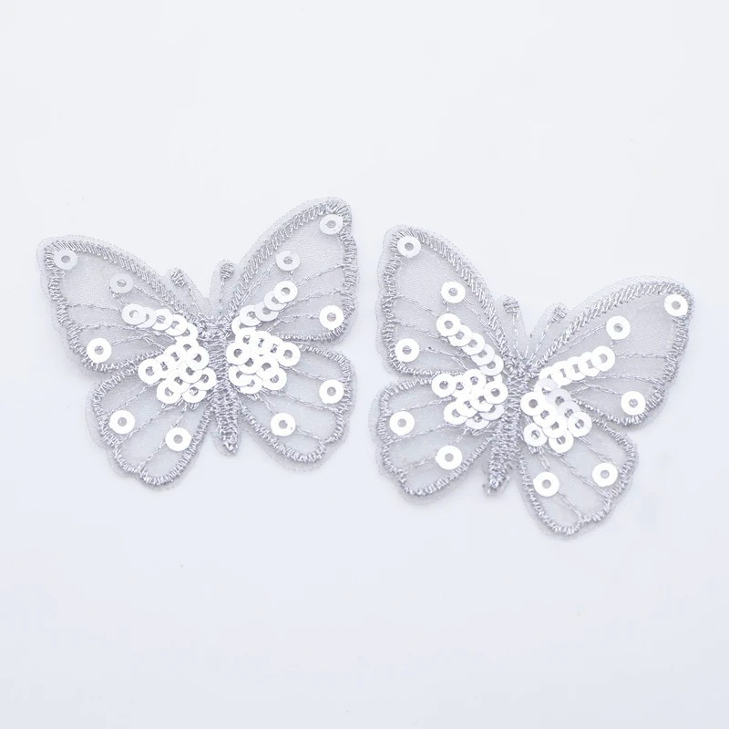 Écussons Papillon à coudre Aile de Papillon Maille et Paillettes couleur Argent
