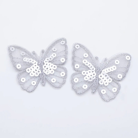 Écussons Papillon à coudre Aile de Papillon Maille et Paillettes couleur Argent