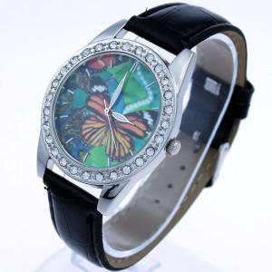 Montre Papillon Cadran Strass Grand Papillon avec bracelet en cuir couleur Noir