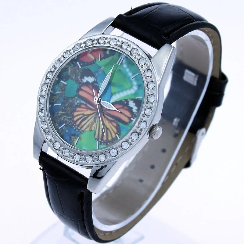 Montre Papillon Cadran Strass Grand Papillon avec bracelet en cuir couleur Noir