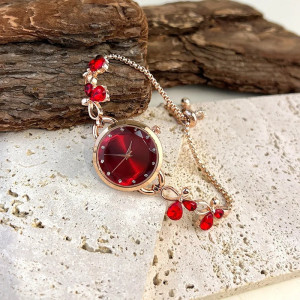 Montre Bracelet à Quartz bracelet Pierre Strass Coueur Rouge