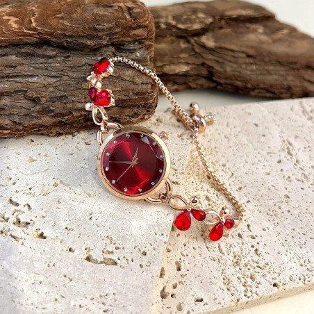 Montre Bracelet à Quartz bracelet Pierre Strass Coueur Rouge