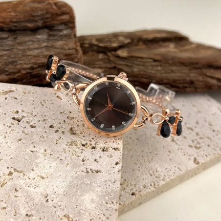 Montre Bracelet à Quartz bracelet Pierre Strass couleur noir