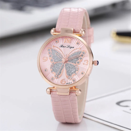 Montre-bracelet à Quartz Design Papillon Strass Rose