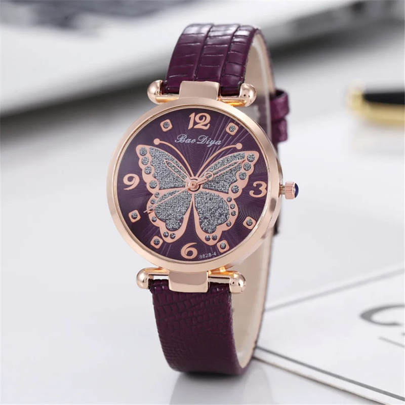 Montre-bracelet à Quartz Design Papillon Strass Violet