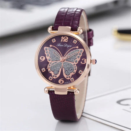 Montre-bracelet à Quartz Design Papillon Strass Violet