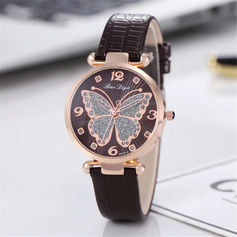 Montre-bracelet à Quartz Design Papillon Strass Marron