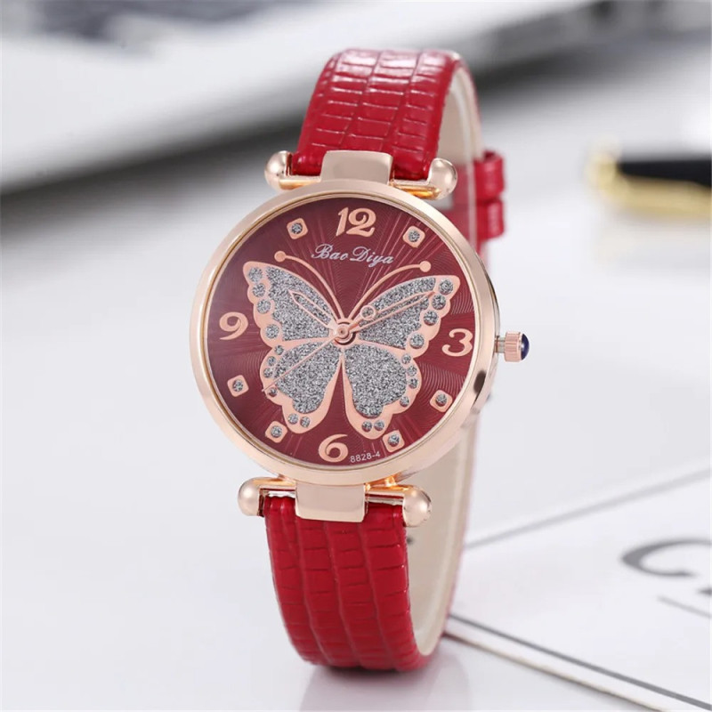 Montre-bracelet à Quartz Design Papillon Strass Rouge