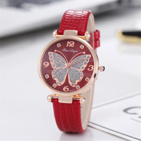 Montre-bracelet à Quartz Design Papillon Strass Rouge