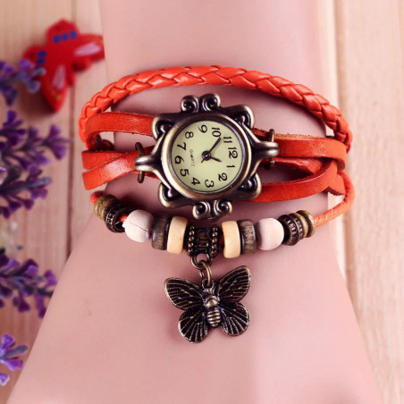 Montre Papillon Vintage Quartz avec Bracelet en Cuir couleur Orange