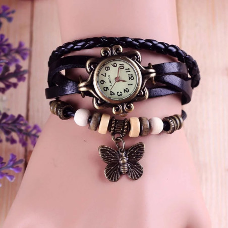 Montre Papillon Vintage Quartz avec Bracelet en Cuir couleur Noir