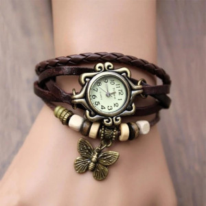 Montre Papillon Vintage Quartz avec Bracelet en Cuir couleur Marron