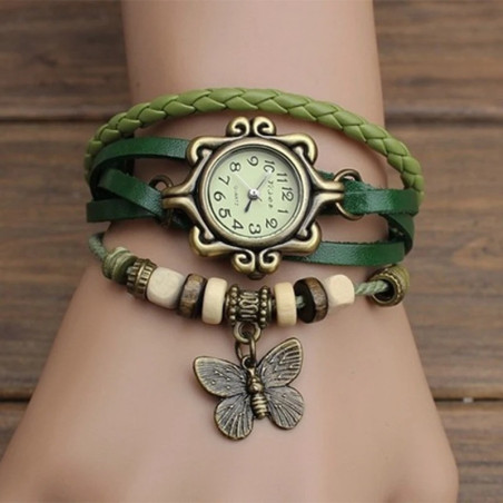 Montre Papillon Vintage Quartz avec Bracelet en Cuir couleur Vert