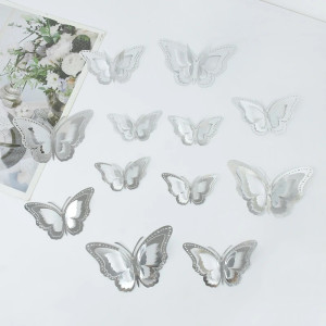 Autocollant mural papillon 3D avec ailes creuses à double couche - couleur argent