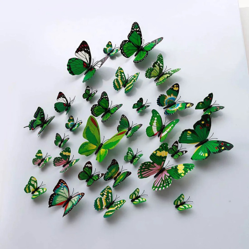 Lot de 12 pièces d'Autocollant Mural Papillon 3D - Vert