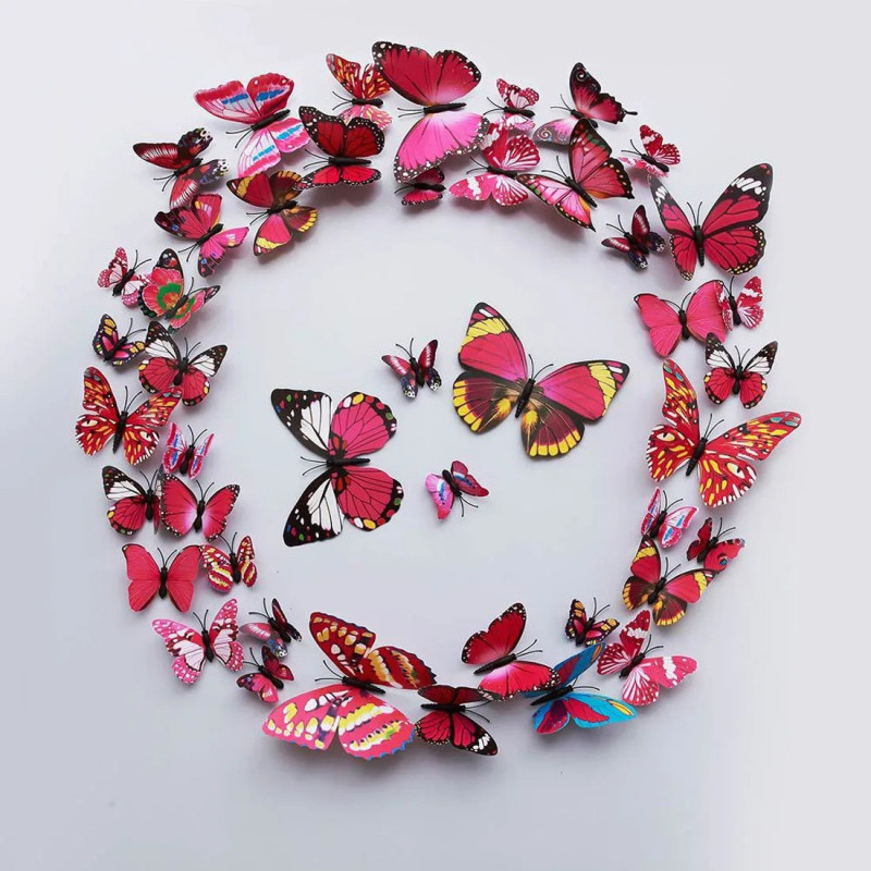 Lot de 12 pièces d'Autocollant Mural Papillon 3D - Rose