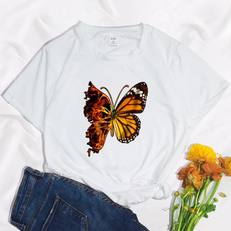 T-shirt Papillons avec imprimé Grand Papillon et Flammes Couleur Blanc