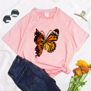 T-shirt Papillons avec imprimé Grand Papillon et Flammes Couleur Rose