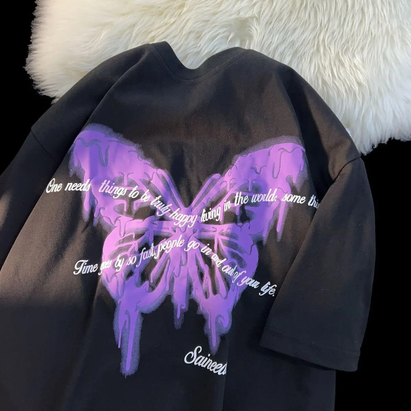 Grand T-shirt avec Grand Papillons et messages Couleur Noir
