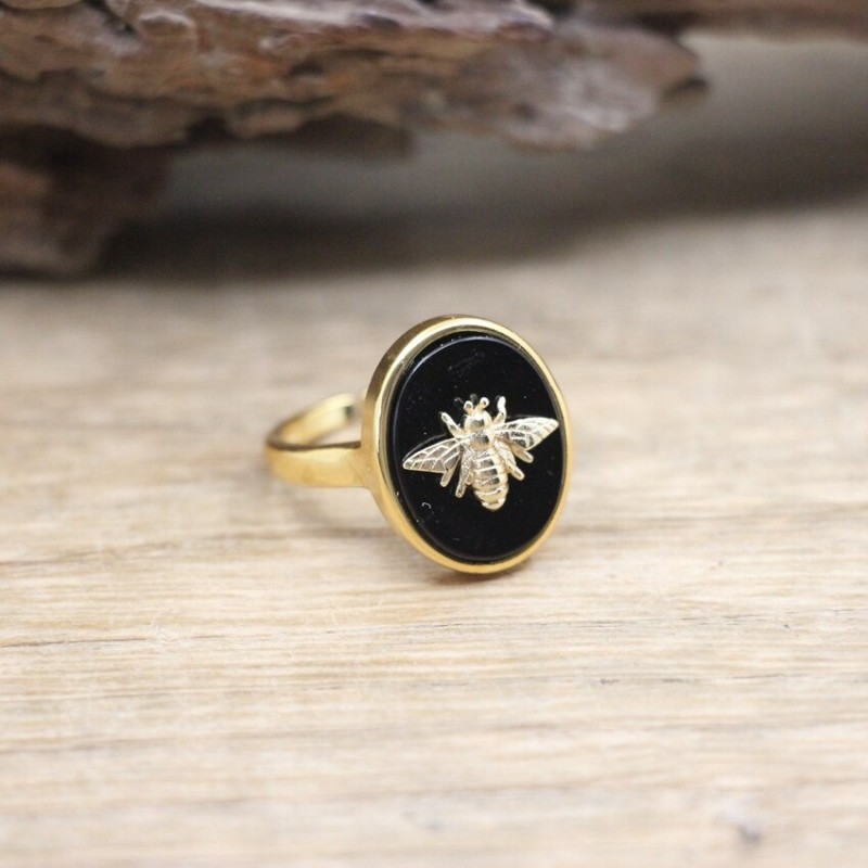 Bague ovale en pierre naturelle pour femmes couleur Black Agate
