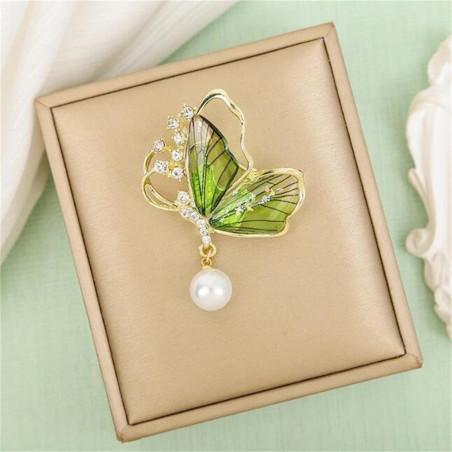Broche Papillon aux Ailes Translucides et perle blanche Couleur Vert