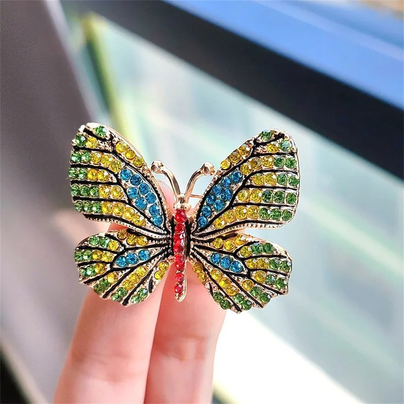 Magnifiques Broches Papillon aux Ailles Colorées avec Strass Jaune