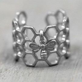 Bague en forme de nid d'abeille pour femmes couleur argent