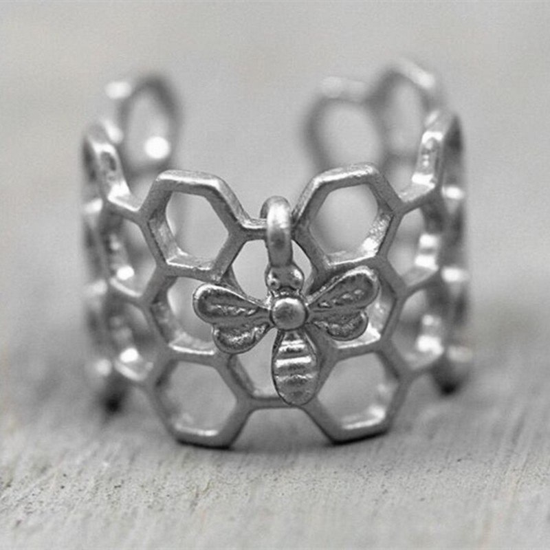 Bague en forme de nid d'abeille pour femmes couleur argent