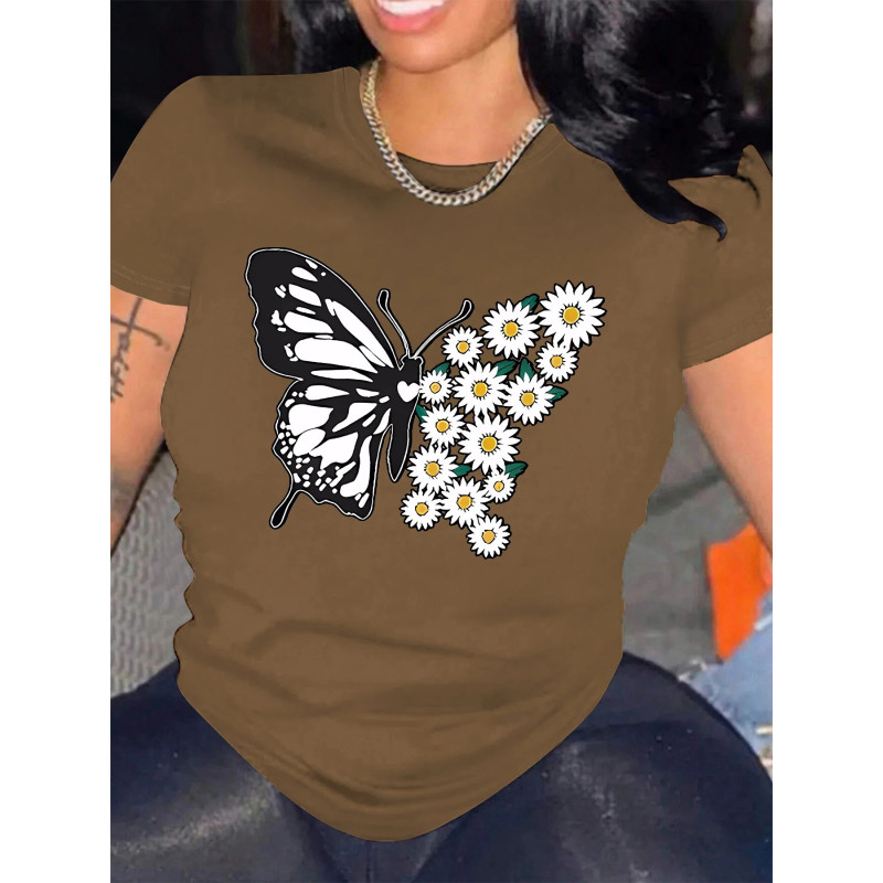 T-shirt Grand Papillon avec petites Marguerites couleur marron