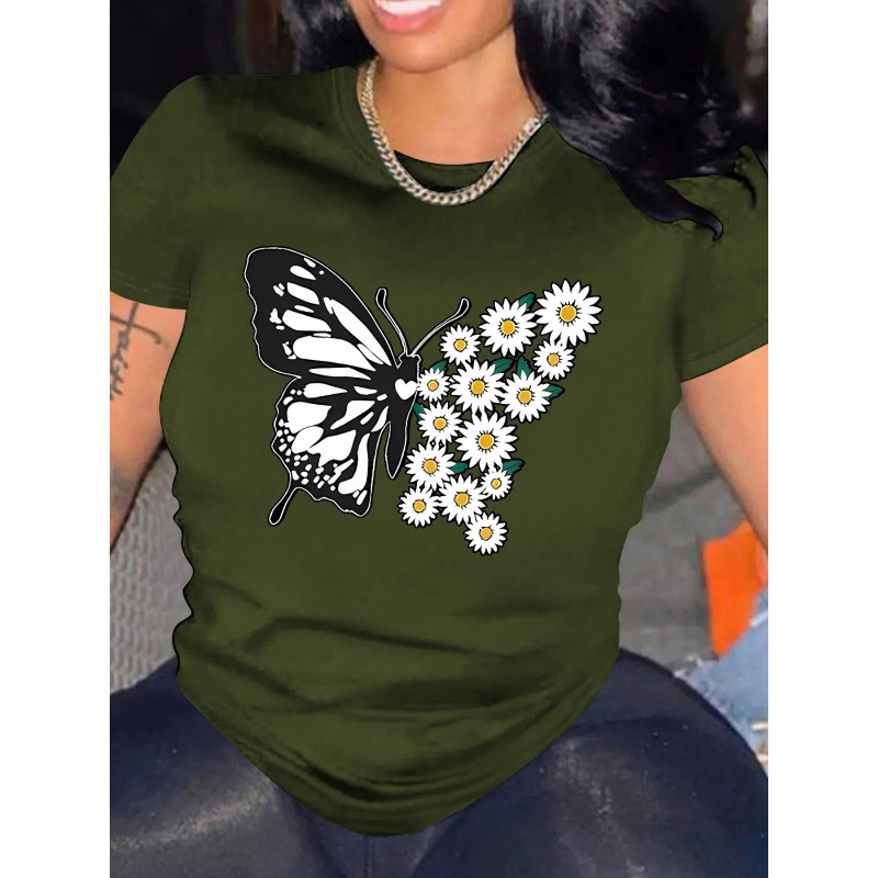 T-shirt Grand Papillon avec petites Marguerites couleur Vert