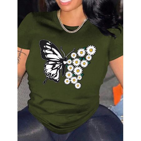 T-shirt Grand Papillon avec petites Marguerites couleur Vert