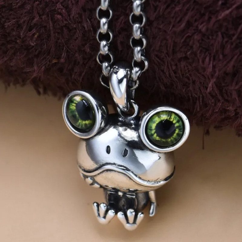 Cute Frog Necklace with Green Eyes | 925 Sterling Silver Gift