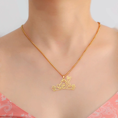 Collier Grenouille Signe Paix | Bijou Mignon Acier Inox