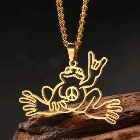 Collier Grenouille Signe de Paix Peace and Love couleur or